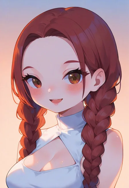 score_9,score_8_up,score_7_up,blurry,<lora:PetraStyle:1.8>,((masterpiece)),illustration,high detail, trending,kawaii,pale skin,red hair with braids, brown eyes,long eyelashes, blush,white sleeveless summer dress,smile,big breasts,cleavage,sexy