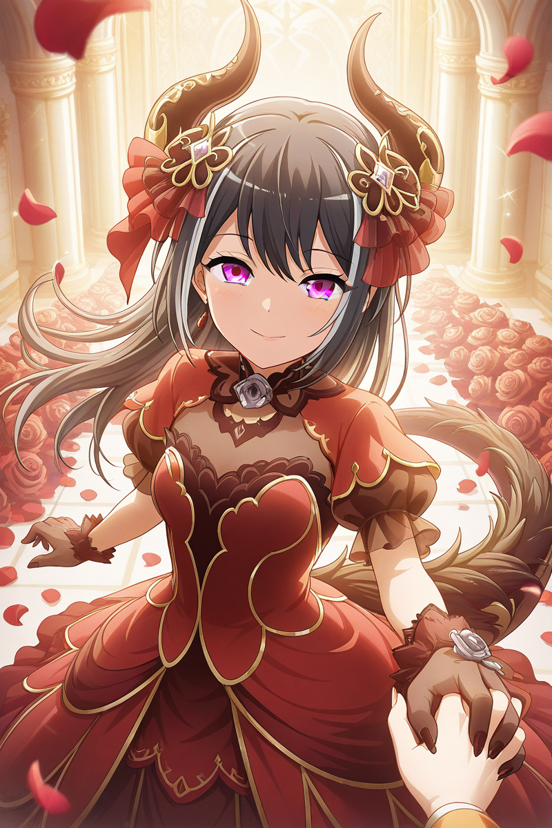 masterpiece, best quality, amazing quality,
 <lora:Kuina_IL:1> kuina, dress, long hair, petals, solo focus, black hair, hair ornament, horns, holding hands, grey eyes, puffy sleeves, fingernails, multiple girls, red dress, looking at viewer, smile, 2girls, bangs, flower, gloves, 1girl, jewelry, rose, short sleeves, out of frame, tail, beastsk