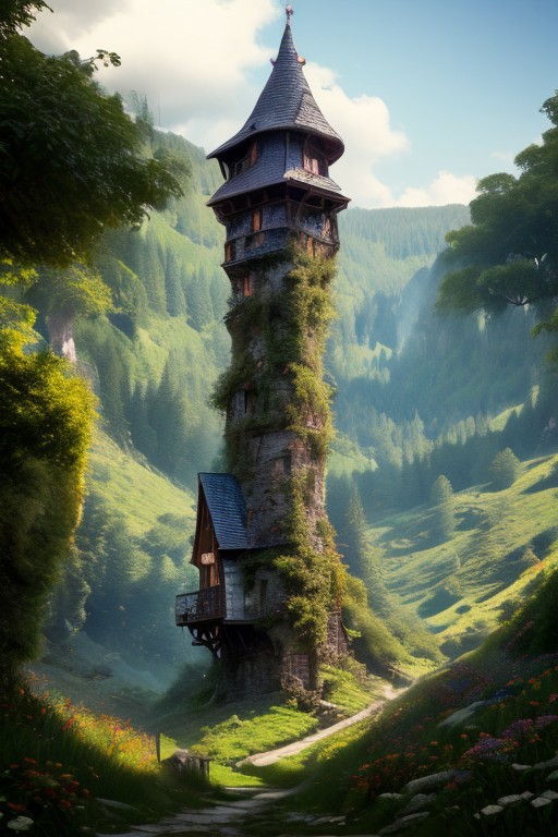 realistic analog photo, award winning photo, vary wide shot of stone witow tower:1.3, no humans, scenery, blue sky, dirt road, lush grassland, Wildflowers, nature, outdoors, RAW, highres, 8k, uhd, High Dynamic Range, tonemapping, crisp details, portcullis,