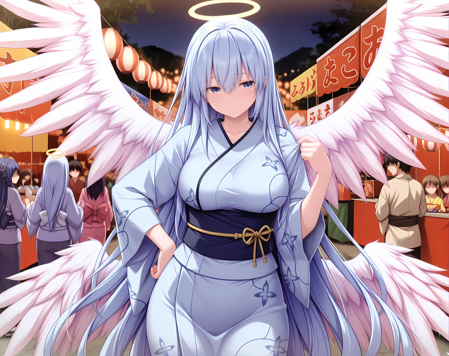 <lora:Mehisha:0.85>,mehisha,large breasts,very long hair,blue hair,blue eyes,hair between eyes,solo,outdoors,festival,kimono,halo,angel wings,white wings,hand on own hip,adjusting clothes,faceless male,faceless female,blurry background,, masterpiece,best quality,amazing quality, very aesthetic, absurdres,detailed eyes,ultra-detailed,