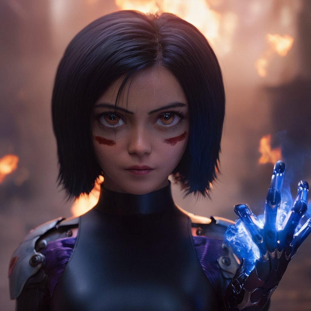 cinematic film still of  <lora:perfection style:0.9>
 <lora:Alita:1>
In futuristic 2563 Alita Ganmu a woman with a blue flame in her hand,1girl,solo,breasts,short hair,black hair,red eyes,gloves,dress,small breasts,lips,facial mark,fire,nose,cyborg,detailed,real,different,unique,cinematic,dramatic,concept art,filmic,Battle Angel style , big eyes, shallow depth of field, vignette, highly detailed, high budget, bokeh, cinemascope, moody, epic, gorgeous, film grain, grainy