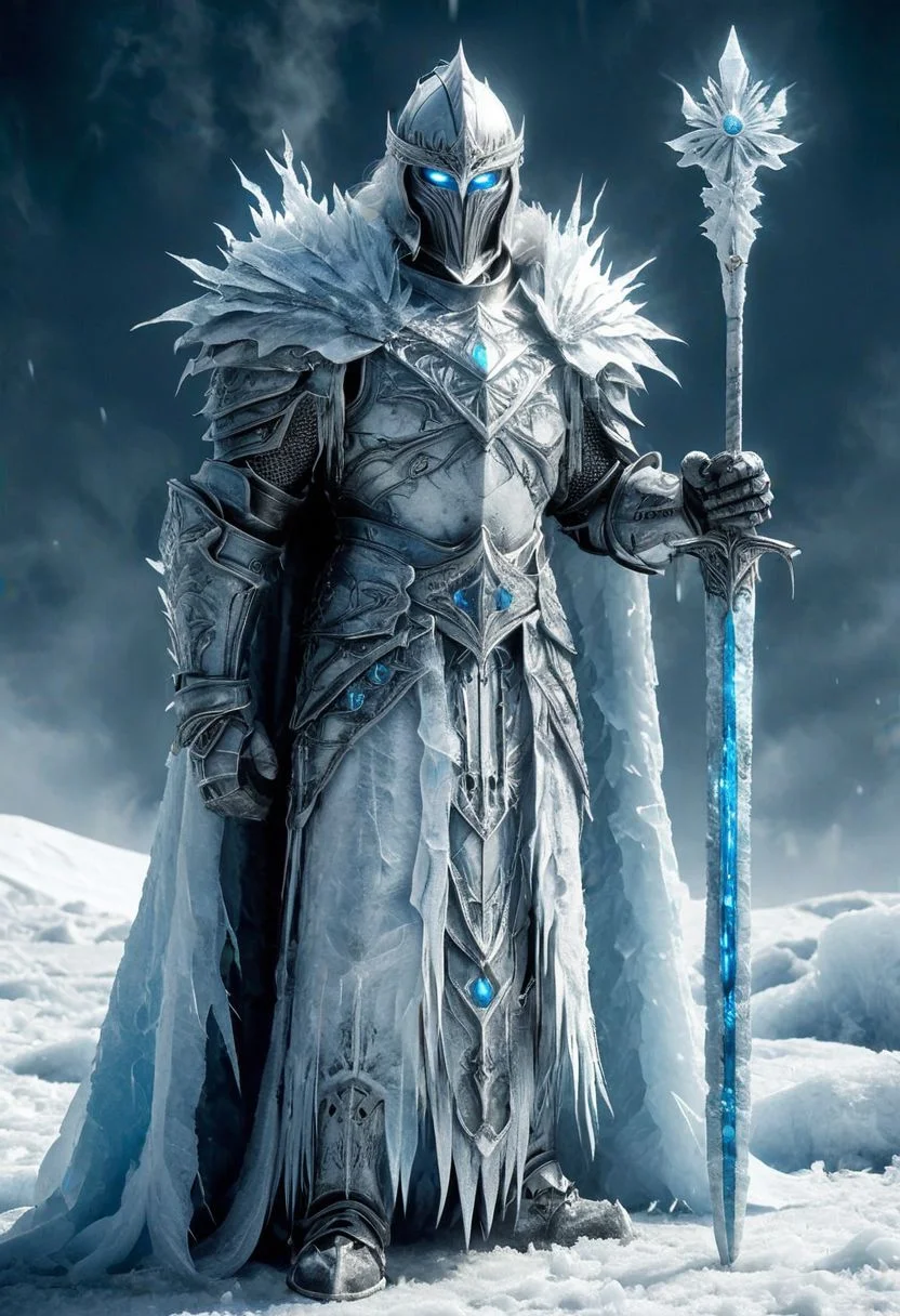 A stunning dynamic pose, 2handed spear, highly detailed dark fantasy full body illustration of a mystic MAN. he walks in frost mountain, big gems in each shoulder and chest,frost god,crown dark HKStyle armor, crown helmet,cracked armor, cracked , cristal frost, photorealist, A stunning, highly detailed dark fantasy full body illustration of a proud demonic warrior wearing intricate medieval HKStyle armor and an epic ornamented mask, (holding a great frost glowing big 2handed spear) , cape, light blue glooming eyes, very wide shoulders, wearing big gauntlets, (frost aura around body:1.8),epic composition. The warrior stands heroic with a flowing cloak during a blizzard with foggy gloom, blizzard in the background . The scene depicts him with brooding emotional agony , style by Greg Rutkowski, by Milo Manara and Russ Mills, with insanely intricate details and textures, gloomy dramatic lighting, 8K resolution