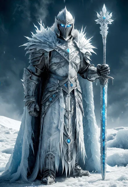 A stunning dynamic pose, 2handed spear, highly detailed dark fantasy full body illustration of a mystic MAN. he walks in frost mountain, big gems in each shoulder and chest,frost god,crown dark HKStyle armor, crown helmet,cracked armor, cracked , cristal frost, photorealist, A stunning, highly detailed dark fantasy full body illustration of a proud demonic warrior wearing intricate medieval HKStyle armor and an epic ornamented mask, (holding a great frost glowing big 2handed spear) , cape, light blue glooming eyes, very wide shoulders, wearing big gauntlets, (frost aura around body:1.8),epic composition. The warrior stands heroic with a flowing cloak during a blizzard with foggy gloom, blizzard in the background . The scene depicts him with brooding emotional agony , style by Greg Rutkowski, by Milo Manara and Russ Mills, with insanely intricate details and textures, gloomy dramatic lighting, 8K resolution