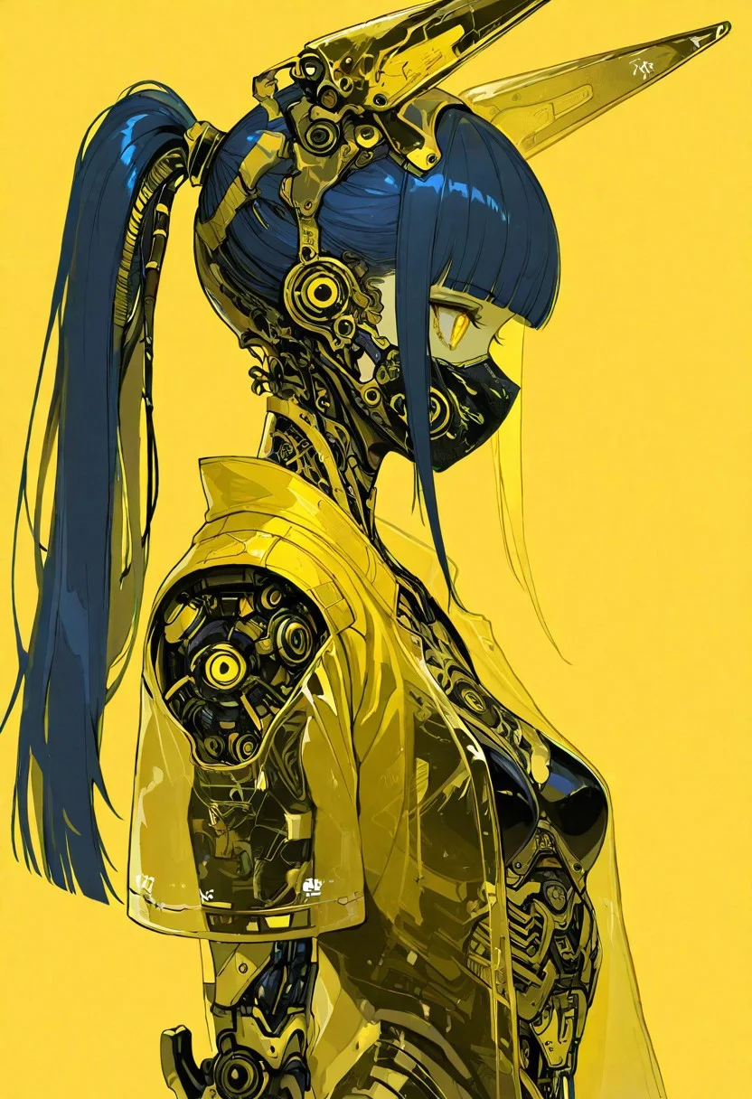 masterpiece, best quality, good quality, very awa, newest, highres, absurdres, 1girl, solo, long hair, simple background, golden eyes, animal ears, upper body, blue hair, ponytail, short sleeves, open clothes, blunt bangs, from side, yellow eyes, fake animal ears, profile, mask, robot, science fiction, mouth mask, yellow background, cable, joints, robot joints, mechanical parts, yellow theme, cyberpunk, mechanical ears, limited palette,