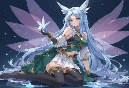 (score_9:0.9),score_8_up,score_7_up,rating_safe,anime style,(zPDXL),<lora:Apollousa, Bow of the Goddess ponyXL v1:0.76>,apollousa bow of the goddess,1girl,solo,black elbow gloves,smile,looking at viewer,black thighhighs,forehead jewel circlet,simple background,medium breasts,green dress,on side,full body,fairy wings,leak,at night,