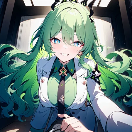 1girl, long hair, looking at viewer, smile, open mouth, blue eyes, large breasts, shirt, long sleeves, 1boy, hair between eyes, jewelry, green eyes, :d, earrings, green hair, necktie, teeth, indoors, grin, coat, holding hands, pov, wavy hair, black necktie, single earring, green shirt, labcoat, white coat, mobius \(honkai impact\)