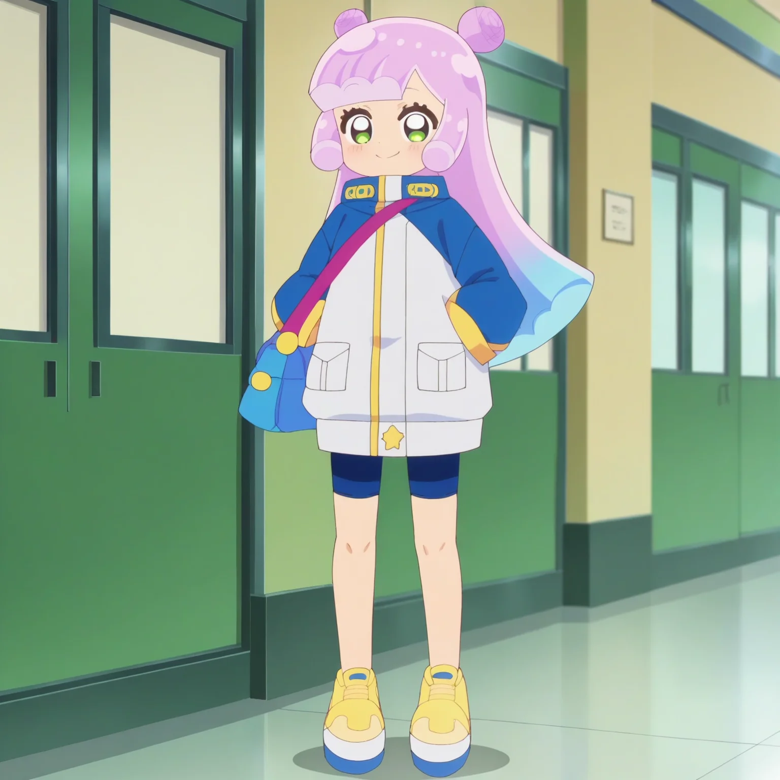 score_9, score_8_up, score_7_up, score_6_up, score_5_up, score_4_up , anime coloring ,BREAK source_anime, anime,screencap,
1girl, solo, puniru, jacket, bike shorts, shoes, bag strap, handbag, <lora:PonyXL Puniru V2:1>
indoors, standing,
smile, looking at viewer,