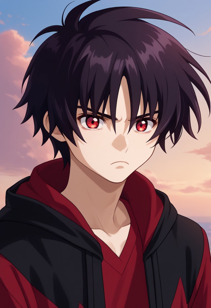 score_9, score_7_up, source_anime 
shinn, 1boy, male focus, solo, red eyes, black hair, hoodie, hood, red goodie, upper body, frown
outdoor, sky,