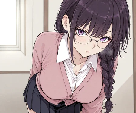masterpiece, best quality, amazing quality, , 1girl, solo, shirt, glasses, skirt, looking at viewer, cardigan, long hair, braided_ponytail, purple eyes, eyelashes, <lora:pt style ILL-v2:1.6> ptstyle
