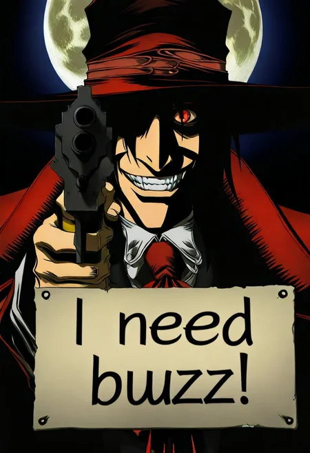 Hellsing_style, masterpiece, best quality, 1boy, male focus, Alucard, grin, hat, covered eyes, moon, shadow, gun, holding gun, aiming at viewer, close-up, dark background, need_buzz, holding sign with one hand