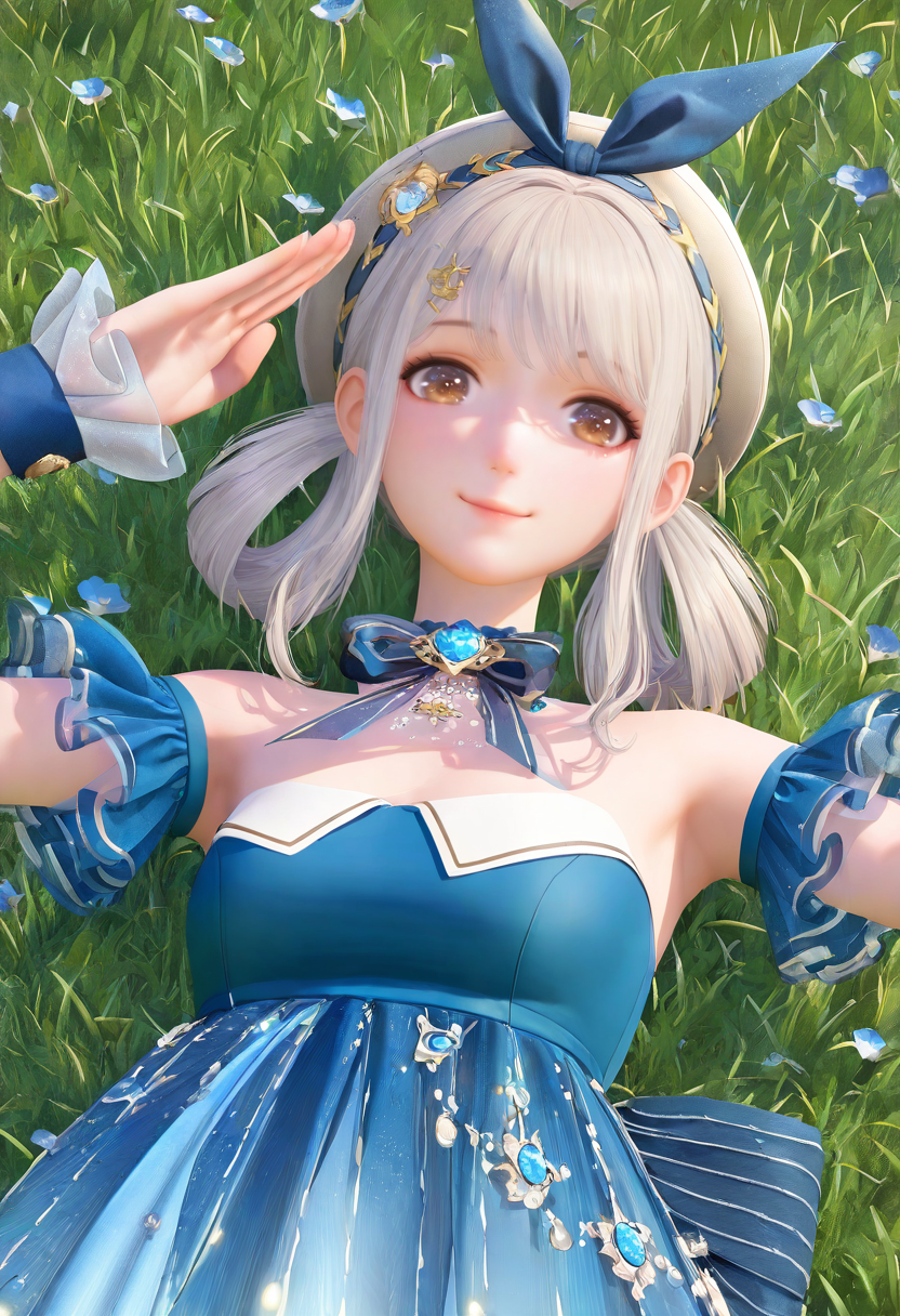 1girl, solo, blue dress, dress, hair rings, grass, hat, strapless, blue flower, looking at viewer, strapless dress, flower, blue bow, white hair, wrist cuffs, outdoors, bow, smile, hair ornament, on grass, salute, upper body, brown eyes, closed mouth, jewelry, bare shoulders, bowtie, lying, 
masterpiece,year 2024,newest,highres,absurdres,
<lora:nuannuan_NoobVpred65S:1>,