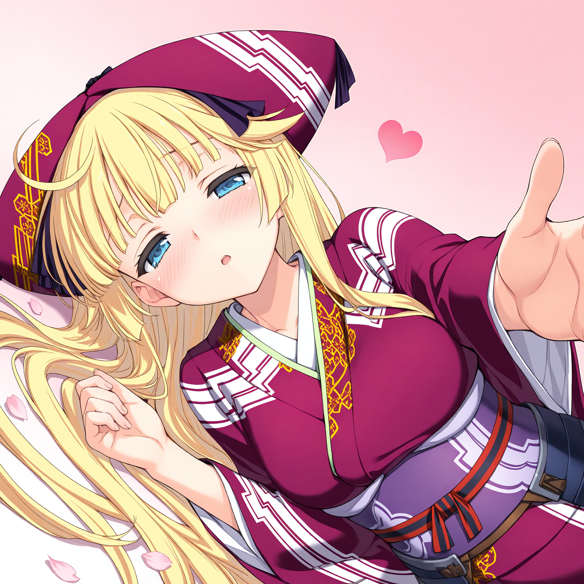 <lora:Rizna_Lanfbitt_1_nai-000042:1>,Rizna Lanfbitt,
japanese clothes,hat,kimono,
1girl,solo,looking at viewer,shy,blush,half-closed eyes,gasp,on_side,lying,outstretched arm,simple background,gradient background,pink background,heart,dutch angle,falling petals,
