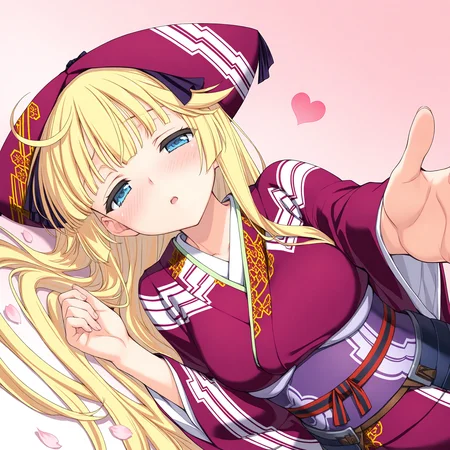 <lora:Rizna_Lanfbitt_1_nai-000042:1>,Rizna Lanfbitt,
japanese clothes,hat,kimono,
1girl,solo,looking at viewer,shy,blush,half-closed eyes,gasp,on_side,lying,outstretched arm,simple background,gradient background,pink background,heart,dutch angle,falling petals,