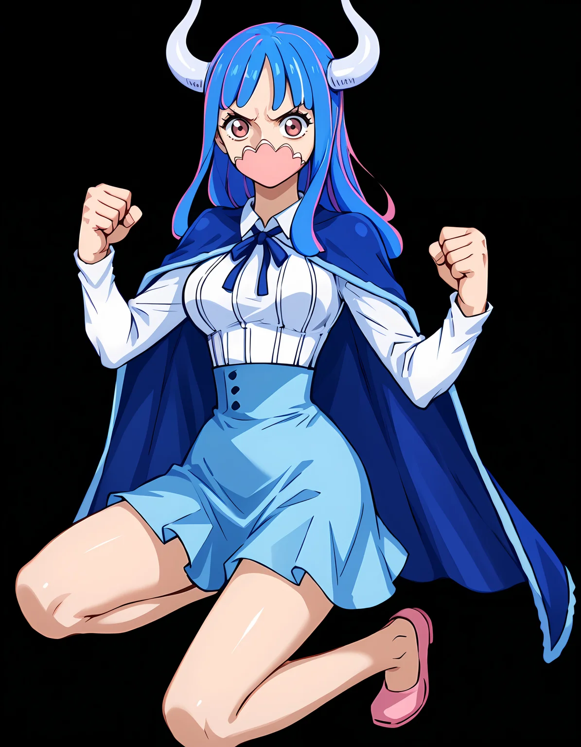 <lora:Ulti-000010:1> ult1, 1girl, blue cape, blue skirt, white shirt, black background, high-waist skirt, full body, simple background, looking at viewer, breasts, shirt tucked in, clenched hands, pink footwear