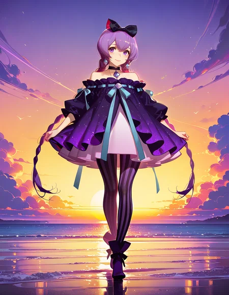 Smooth Quality <lora:mimiko_IL:1> mimiko, purple hair, long hair, twin braids, hair bow, purple eyes, jewelry, earrings, choker, bare shoulders, purple dress, vertical-striped pantyhose, purple footwear, 1girl, blush, closed_mouth, cloud, ocean, sky, smile, solo, sunset, cherry_blossom_festival, catching_petals, traditional_setting, pink_canopy_overhead, cultural_celebration, serene_happiness, (ask /(askzy/):1.5),, <lora:ck-neon-retrowave-IL:1> ck-rw, detailed eyes, detailed face, detailed skin <lora:DetailedEyes_V3:1> <lora:cfg_scale_boost:0.7> <lora:lightingSlider:1> golden hour (weaklight:1.2), <lora:SkindentationIL3.4_alpha16.0_rank32_full_400steps:5>