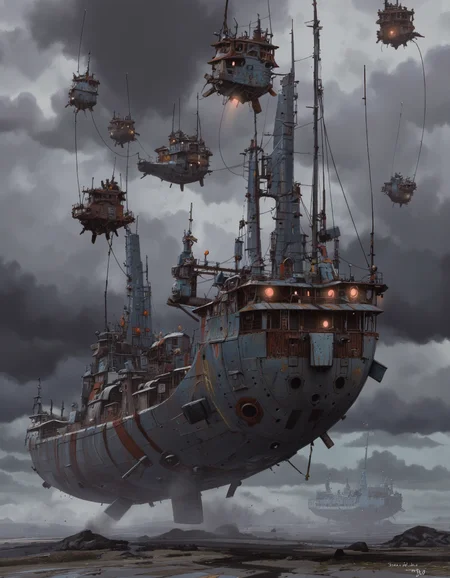By Ian McQue. A digital illustration shoot from below about a futuristic ship with a sci-fi aesthetic flying through a stormy sky. the image also shows a large ship in the middle of the image, which appears to be a large, ship-like structure with multiple towers and multiple smaller structures on its deck. the ship has a metallic sheen and is floating in the air, with two smaller ships visible in the background. on the top of the ship, there are several small, metallic structures with glowing red eyes, suspended in mid-air by cables. The structures appear to be futuristic, with a sleek, metallic design and intricate details. the sky is filled with dark, stormy clouds, and the ground below is barren and desolate, with no other structures or vehicles visible. the overall atmosphere is dramatic, with dramatic lighting and a sense of movement and energy.
