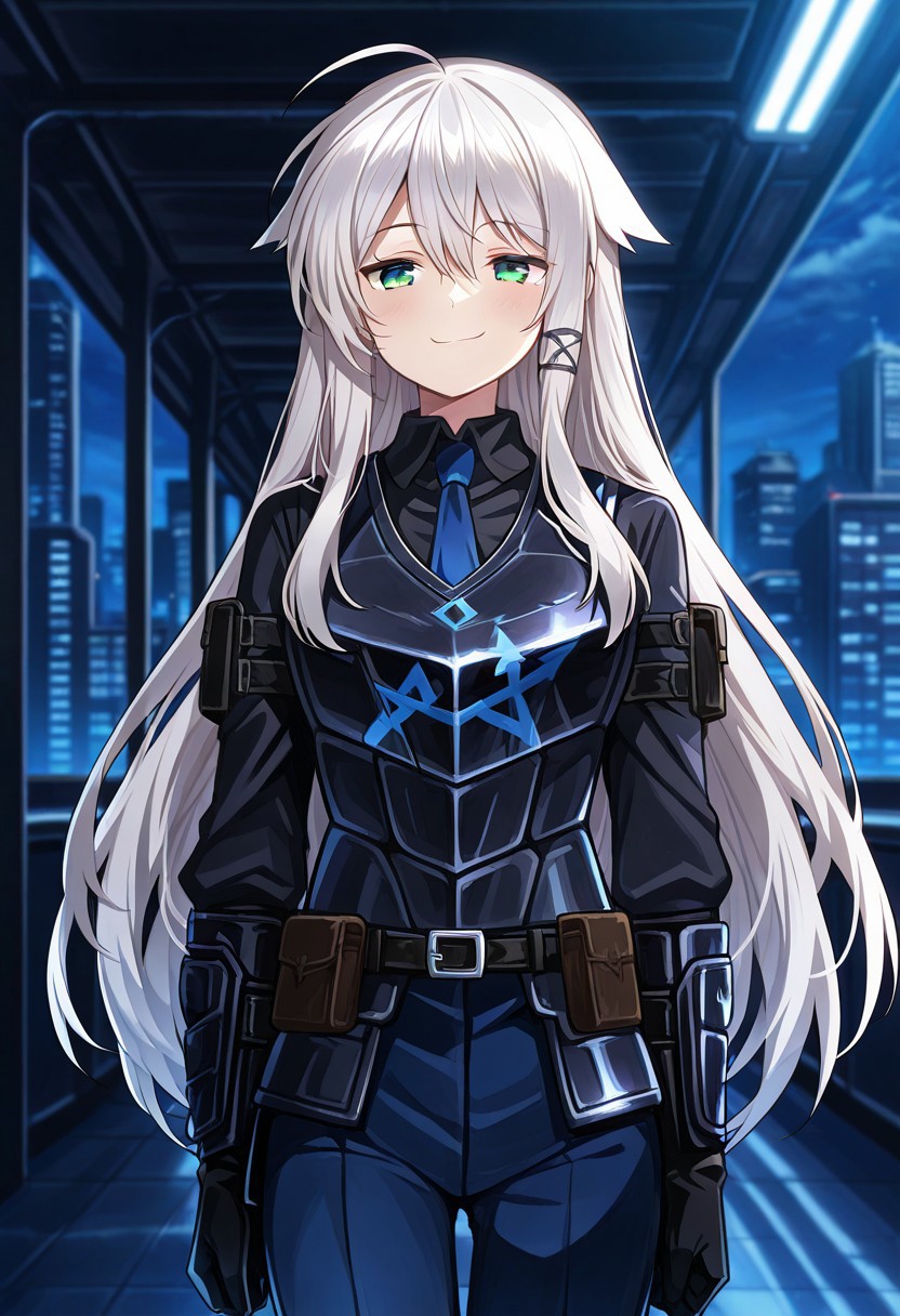2d, anime_screencap, source_anime, 1girl, solo, anceriseshirokami, white hair, long hair, ahoge, hair flaps, sidelocks, hair ornament, green eyes, WCorpuniform,armor,necktie, indoors, futuristic, smile, smug, outdoors, futuristic city, walking,