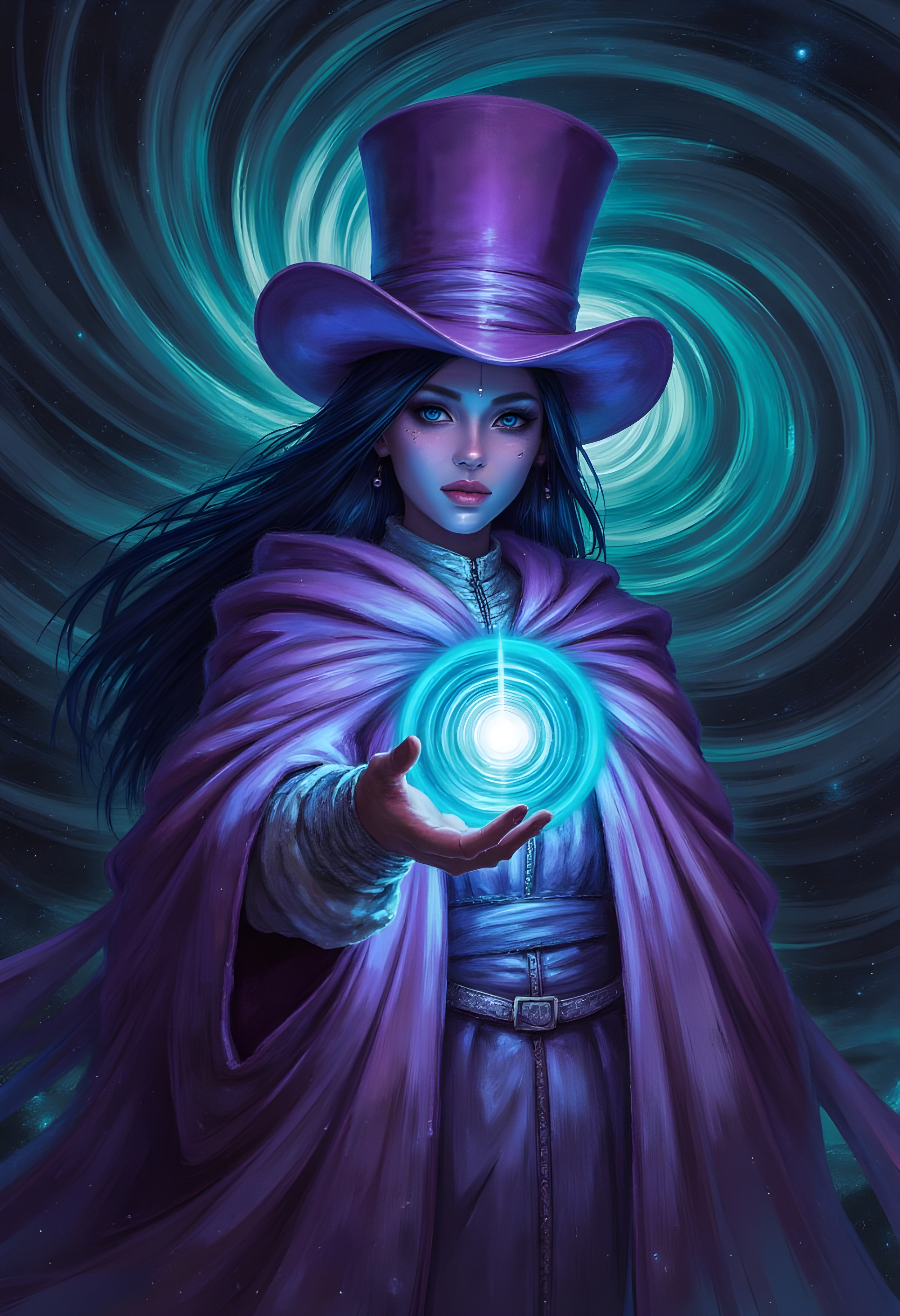 cinna flow, Cosmic being, alien humanoid, holding luminous sphere, ethereal space environment. Abstract, vibrant, otherworldly figure with flowing, ethereal, light purple-pink robe and top hat. Detailed, glowing, and expressive face with deep-set, light blue eyes. Majestic, serene, and powerful presence; exuding wisdom and cosmic power. Hand outstretched, holding luminous, turquoise sphere; sphere pulsating with inner light. Vast, star-dusted cosmic background with swirling nebulae in deep blues, purples, and greens. Smooth, textured robe; details suggest intricate weaves. Image evokes a mystical, cosmic story. Expression suggests contemplation and mastery over forces of cosmos. Perspective is slightly elevated, looking down at the scene, with focus on the celestial being and the object it holds. Vibrant color palette, blending intense blues, purples, pinks, and greens. High contrast with luminous details. Atmospheric lighting, creating depth and dimension. Stylized, dreamlike, and ethereal style, possibly inspired by digital painting. Detailed cosmic design; cosmic rays and nebulae envelop the scene. Unveiling cosmic mysteries, and celestial magic.