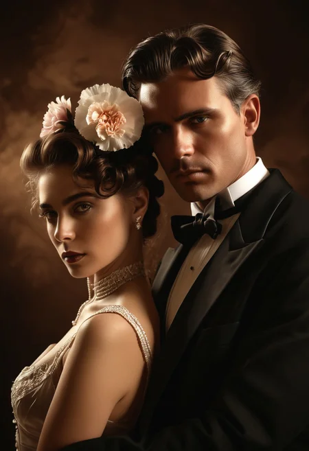 rp_slgd, sinfully stylish, dramatic lighting, shadows, soft light, a sepia colored old phograph of a 1890s couple, woman resting her head on man's shoulder, tuxedo, bow, carnations, hair jewellery, dynamic pose, perfect eyes, abstract background, volumetric lighting, realistic, fashion photography, depth of field, highly detailed, masterpiece, dramatic cinematic lighting, unforgettable, very intricate, high detail. photorealistic detail, ultra-realism , realistic, ultra detailed ,octane render, raw photo, photorealistic, extremely detailed, realistic, photography, Photography,