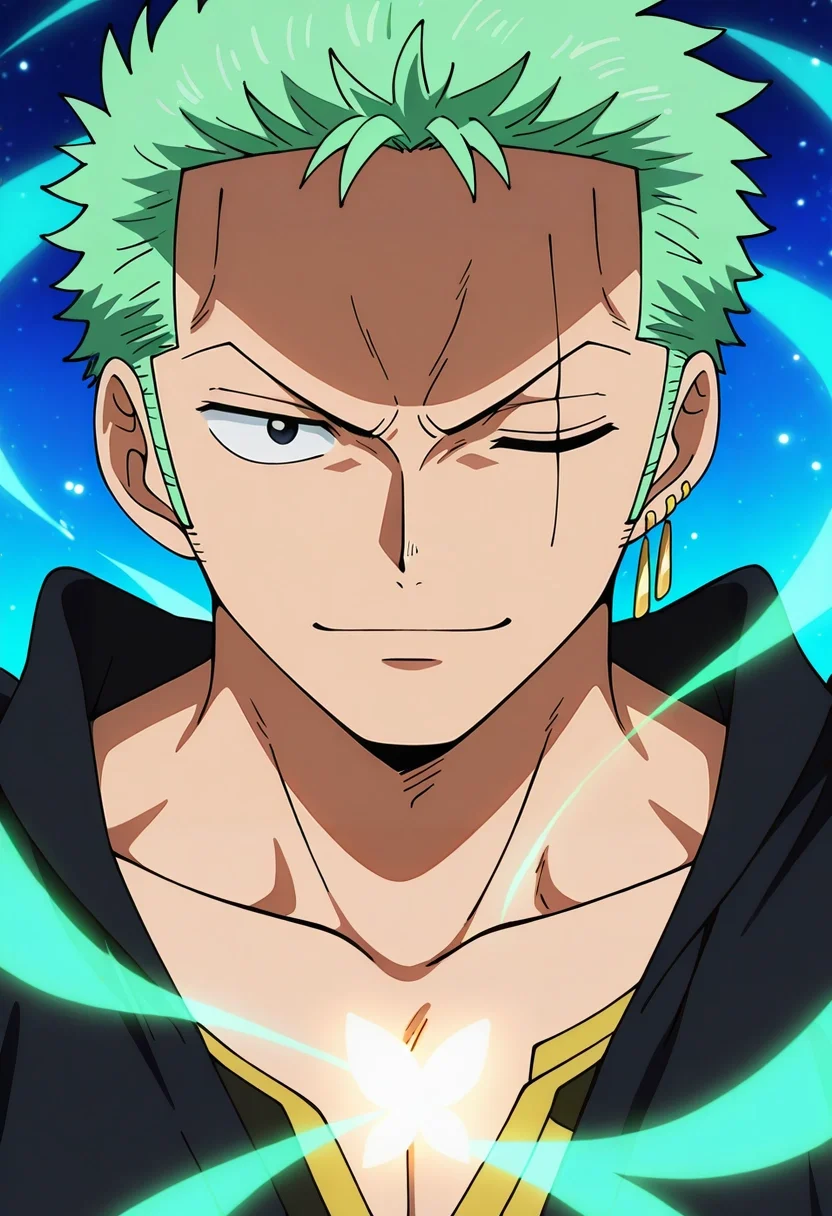 masterpiece, best quality, , anime screencap, anime coloring, , looking at viewer, 1boy, solo, male focus, <lora:zoro_roronoa_ilxl:0.96>, zoro_roronoa, green hair, black eyes, short hair, post timeskip, scar across eye, one eye closed, , earrings, , fairy glade, glittering leaves, glowing streams, enchanted flowers, dancing pose, joyful expression, magical light,