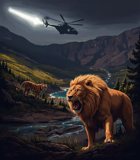 The wild is fading, its last guardians standing against the encroaching tide of steel and smoke. A lion and a tigress remain, their presence both powerful and vulnerable in a world that no longer belongs to them.  

The lion, a sovereign of the untamed, carries the weight of his lineage in every movement. His golden mane, thick and radiant, catches the dying light, its strands rippling with a defiant glow. His amber eyes burn with something ancient—an unshaken spirit that refuses to bow, even as the thunderous roar of an approaching machine splits the air.  

The tigress, sleek and battle-worn, watches with sharp intensity. Her striped coat, once a perfect camouflage, now stands stark against the decaying remains of nature. Muscles coiled, ears attuned to the mechanical heartbeat of the world beyond, she senses what the lion already knows—there are fewer places left to run.  

Above, the rhythmic pulse of a helicopter shatters the silence, its relentless blades slicing through the poisoned sky. A spotlight glares through the thick haze, an unfeeling gaze scanning the last remnants of the wild. It does not see them as kings, as hunters, as legends. It sees only subjects to be recorded, data to be stored, an anomaly in a world now ruled by progress.  

Beyond, the land bears the scars of invasion. The river, once a pure and glistening artery of life, is now tainted with the sheen of industry. Its slow-moving waters carry the weight of chemical decay, reflecting not the stars, but the artificial glow of distant floodlights. The air, once filled with the whispers of trees and the scent of rain, now carries the acrid taste of smoke and iron. The jungle, shrinking with every passing day, stands in silent protest against a future it cannot stop.  

Yet the lion and the tigress remain. They do not flee. They do not yield. They are the last echoes of something greater—warriors of a kingdom erased by hands that will never understand what they have taken.  

And for this moment, they still exist. Not conquered. Not forgotten. Not yet.  

cinna flow, cybergore, monster, teeth, Simon Stalenhag Style