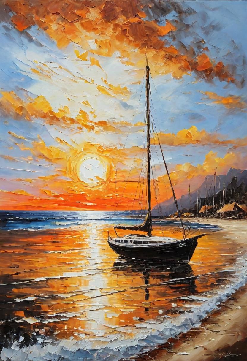 Impressionist oil painting on an old canvas, sunset on the beach , yatch on the sea, energetic strokes, black and bronze palette, fine and detailed strokes