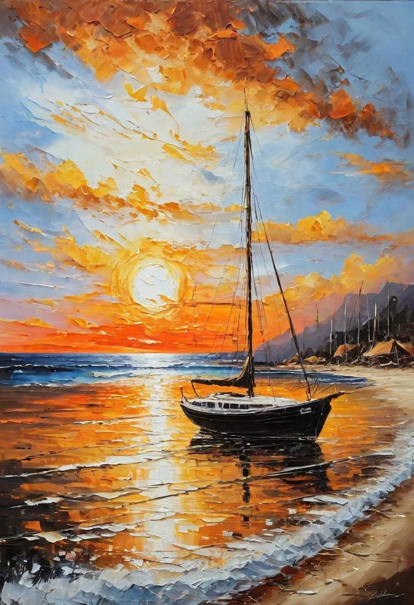 Impressionist oil painting on an old canvas, sunset on the beach , yatch on the sea, energetic strokes, black and bronze palette, fine and detailed strokes