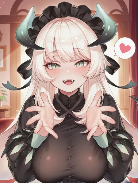 chamber dragonmaid,1girl,solo,looking at viewer,open mouth,upper body,large breasts,blush,close-up,indoors,hands up,smile,teeth,slit pupils,fangs,black mob cap,black maid dress,spoken heart,open hands
masterpiece,best quality,amazing quality,very aesthetic,absurdres,newest,<lora:Chamber dragonmaid illuXL v1:0.81>,