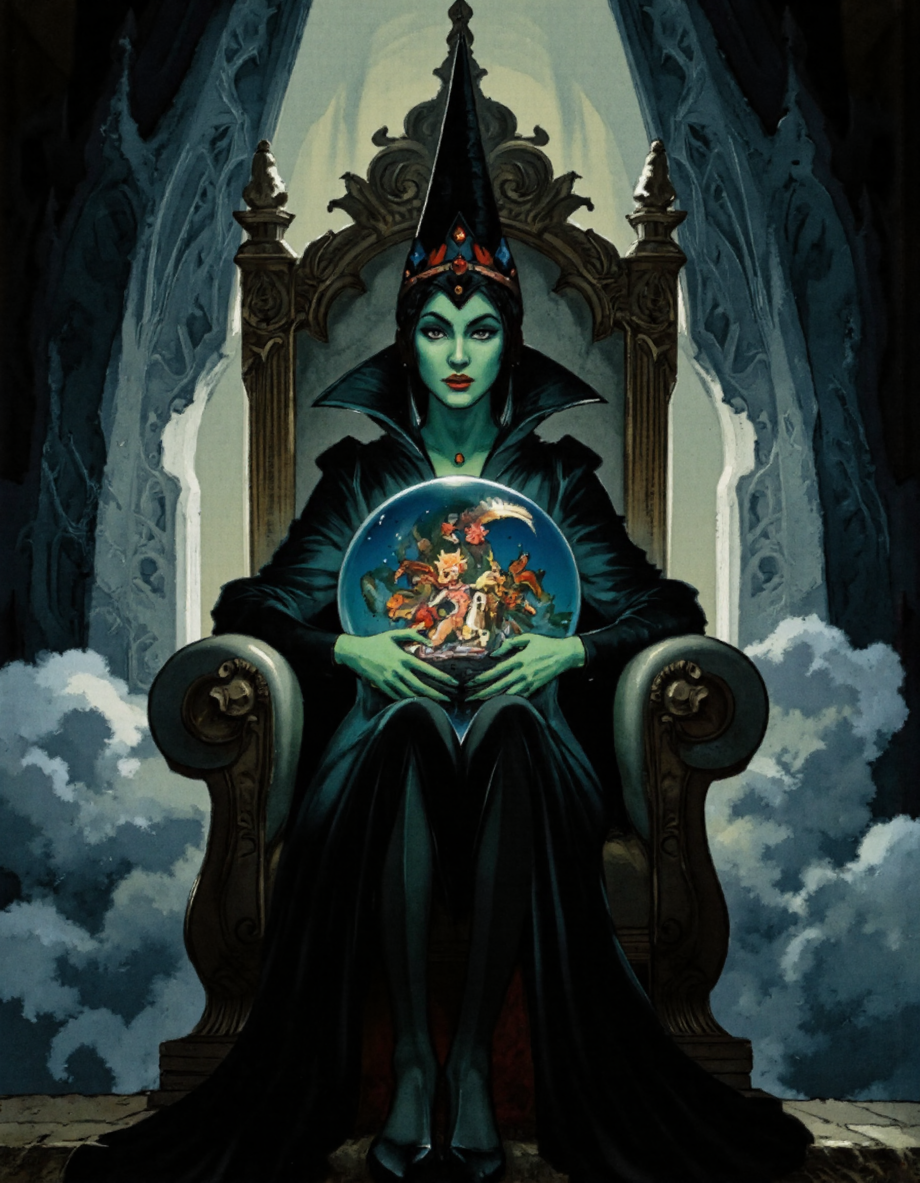 <lora:LV_NEW:1>, Wicked Witch of the West (Gingema) sitting on a throne made of storm clouds, her green skin contrasting with her black cloak. She holds a crystal ball showing Dorothy's journey. Style: Vladimirsky's dramatic lighting and gothic elementsâspiky architecture, shadowy textures, and a stormy background. Her expression should be sly but not overtly menacing, per his nuanced villain portrayal, lighting