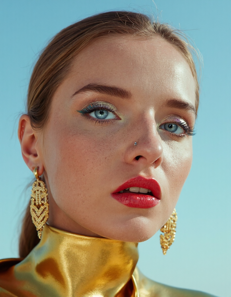 A hyper-detailed, avant-garde photograph featuring a striking woman with pale light skin against a clear, light blue sky. Her full-face close-up highlights the smooth texture of her flawless complexion. Shimmering metallic eyeshadow enhances the depth of her piercing gaze, while her glossy, deep red lips create a bold contrast to her skin. Large, intricately detailed golden hoop earrings reflect light, contributing to her modern allure. She wears metallic urban Buddhist monk clothing, with a turtle neck that enhances her avant-garde look. The reflective surfaces of her earrings and outfit create a dynamic interplay with the environment, emphasizing her sleek presence. The minimalist background allows the viewer to focus on her eye-catching fashion and makeup. Captured with a Sony A7R IV camera and a 50mm f/1.2 G Master lens for a beauty editorial shoot, this composition highlights her fashion-forward aesthetic. Inspired by avant-garde fashion photography from Sølve Sundsbø, this image blends contemporary fashion and minimalist elegance, embodying mythp0rt and niji_flux styles for a sleek, high-fashion vision. ((glow_skin, iridescent skin, oily skin, portrait)).