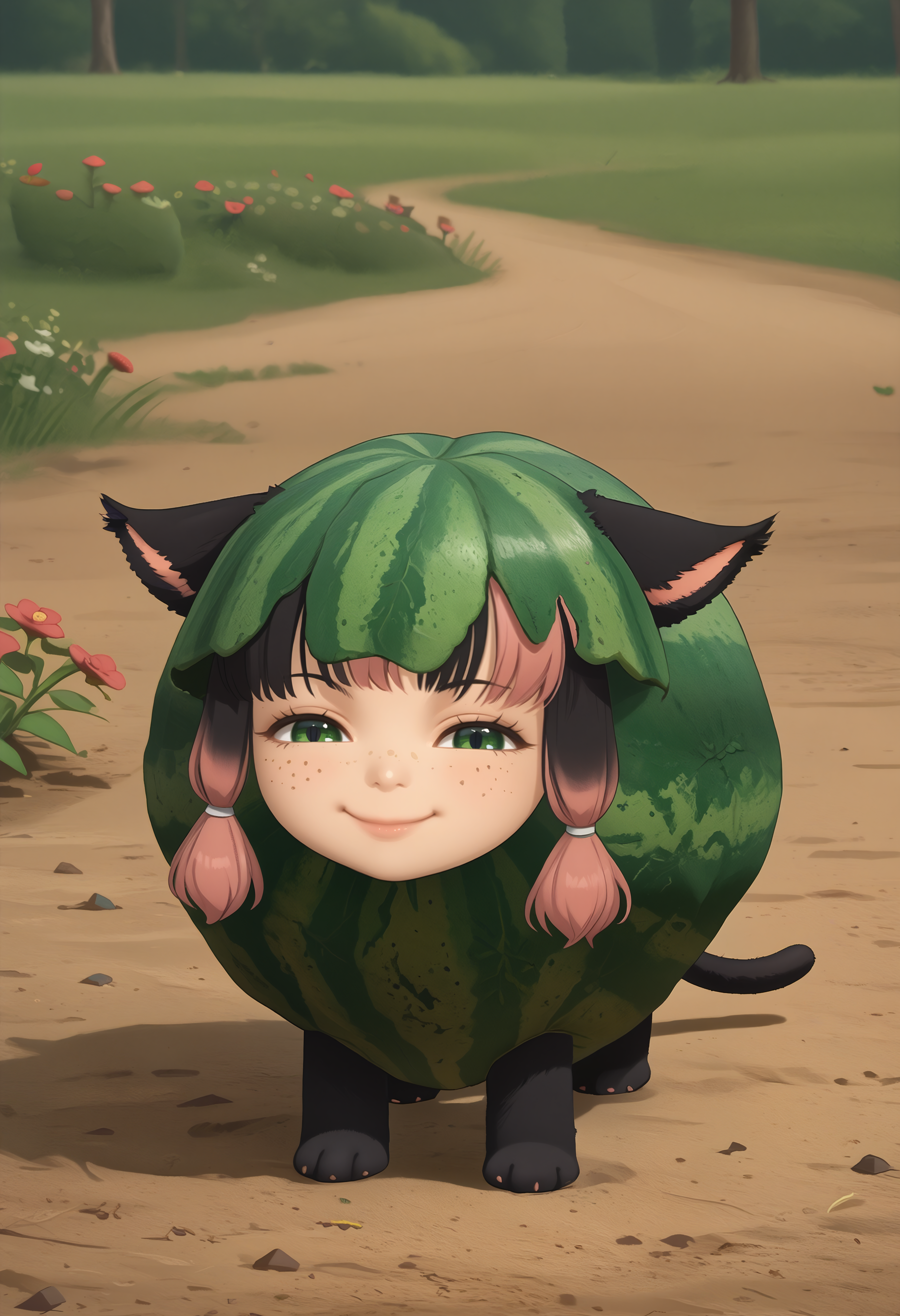 score_9, score_8_up, score_7_up BREAK solo, 1girl, xivmc, animal ears, two-tone hair, green eyes, slit pupils, freckles, cat tail, <lora:clamXIVMC_v30:1> <lora:ChamWatamelonPonyXL:1> Watamelon, smile, smug, half-closed eyes, no humans, creature, chibi, watermelon, all fours, dirt, plants, leaves, flowers