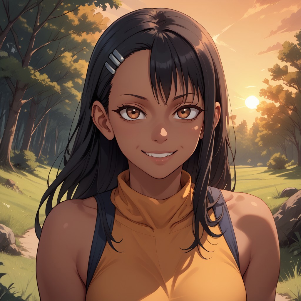 score_9, score_8, BREAK, solo, Hayase Nagatoro, Hairclip, Black Hair, Brown Eyes, Dark Skin, Dark Skin Female, sexy pose, self portrait, smile, outdoors, sunlight, shadows, evening lighting, natural lighting, forest, trees, grass, orange sky, sunset