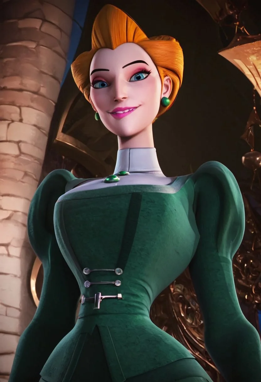 frieda (hna green dress), 1girl, redhead, orange hair, pompadour hair, makeup, makeup, lipstick, pink lips, blue eyes, jewelry, green earrings, thin body, choker, dress, green dress, white collar, score_8_up, score_7_up, BREAK, 1girl, solo, from below, head tilt, crouching, ninja pose, looking at viewer, castle background, detailed background, 4k, masterpiece, best quality, highly detailed, realistic, low-angle shot, realistic, 3d, horny, smiling, biting lips, Expressiveh