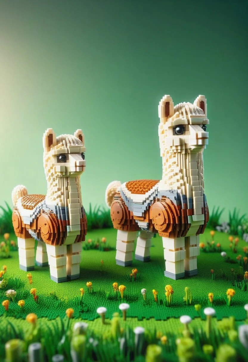 two cute fluffy lego alpacas, on a green pasture, they are happy, funny picture, funny theme