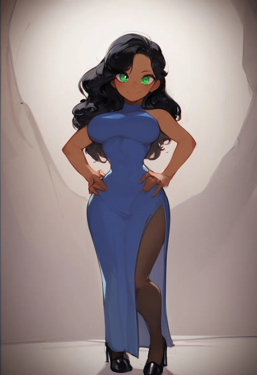 h0Sh11, score_9, score_8_up, score_7_up, masterpiece, best quality, absurdres, vibrant, highly detailed, 1girl, solo, gorgeous Russian MILF, long silky black hair, green eyes, lightly tanned skin, skin tight evening dress, slitted dress, pantyhose, black heels, (smile:0.8), hands on hips, comfy bedroom, cowboy shot