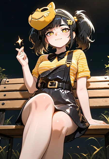 masterpiece, best quality, amazing quality, very aesthetic, absurdres, newest, detailed background, foreground blur, (( cartoon,  )),
cassidythat, 1girl, solo, black hair, striped yellow shirt, twintails, hair ornament, black bowtie freckles, short sleeves, belt buckle,, black skirt overalls, medium breasts, 
broken strap, loose strap, , mask on head, sitting on bench, from below, fire works, black sky, snapping fingers, crossed legs, looking at viewer,