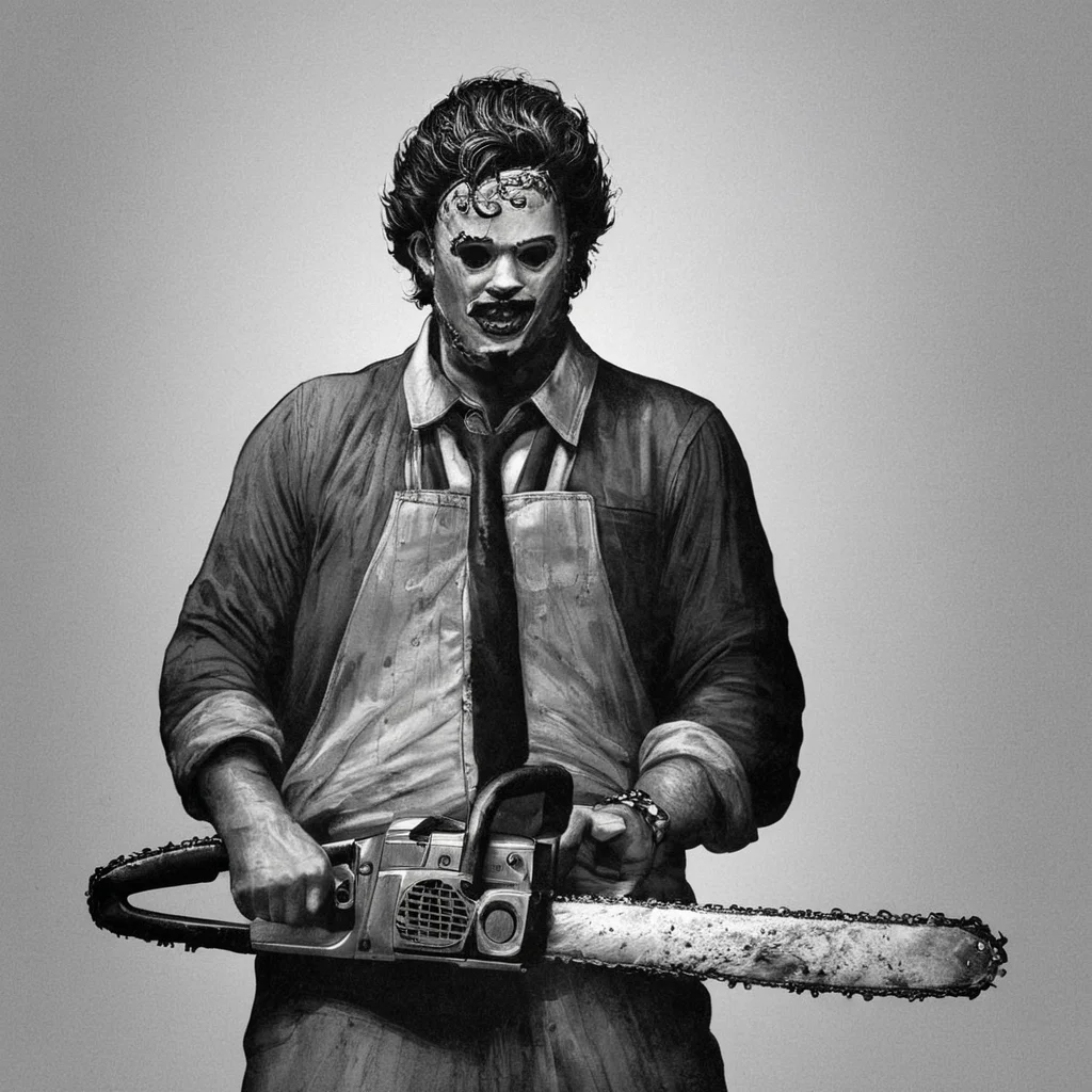 Horror-themed, <lora:Leatherface:0.9>
Leatherface a drawing of a man with a chainsaw,The Texas Chain Saw Massacre style,solo,looking at viewer,simple background,shirt,1boy,white background,jacket,monochrome,weapon,greyscale,male focus,belt,pants,sword,facial hair,katana,sheath , realistic, sharp, detailed, classic, 1970's, horror, photography, artistic, perfect chainsaw, crazy, Eerie, unsettling, dark, spooky, suspenseful, grim, highly detailed