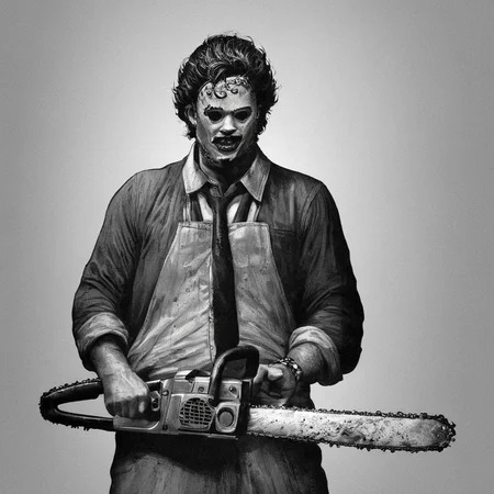 Horror-themed, <lora:Leatherface:0.9>
Leatherface a drawing of a man with a chainsaw,The Texas Chain Saw Massacre style,solo,looking at viewer,simple background,shirt,1boy,white background,jacket,monochrome,weapon,greyscale,male focus,belt,pants,sword,facial hair,katana,sheath , realistic, sharp, detailed, classic, 1970's, horror, photography, artistic, perfect chainsaw, crazy, Eerie, unsettling, dark, spooky, suspenseful, grim, highly detailed