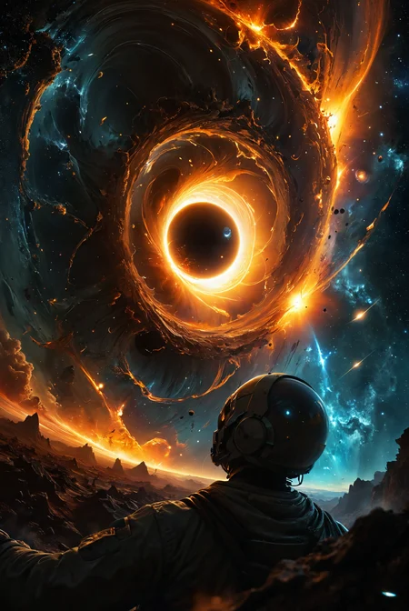 Depict a brutal cosmic event unfolding in the vastness of space. A sun is gradually being absorbed by a black hole, its fiery surface stretched and twisted as it's pulled into the abyss. Observing from a distant planet a cute alien is filled with helplessness floating in space, witnessing the cataclysmic spectacle. The distortion of time and space creates a surreal atmosphere, with light bending and stars warping around the event horizon. The entire scene feels unreal, almost artificial, raising the question: could this truly be happening? The viewer's perception is challenged as reality itself seems to break down in the presence of such a monumental event.
hyperdetailed photography, masterpiece, best quality, high quality, highres, ultra-detailed, best quality, 8K, high resolution, extreme detail,
<lora:add-detail-xl:2> <lora:MJ52:0.5> <lora:DetailMaximizer:0.5>