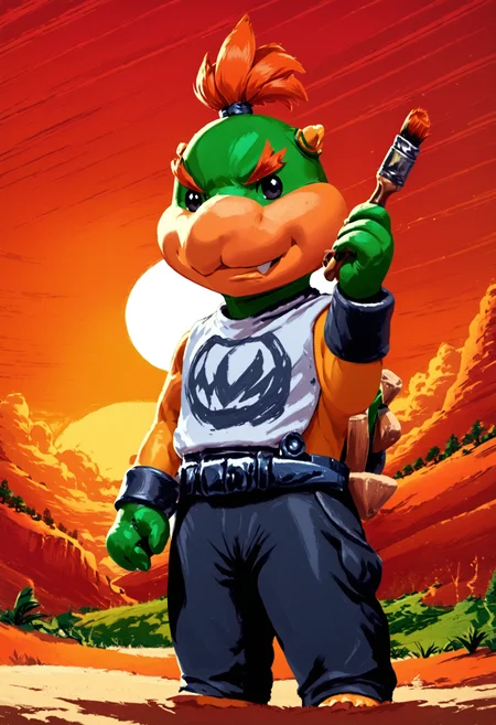 (RDR),  <lora:Bowser_Jr_XL:.96> bwsrjr, topknot, green_shell, black_eyes, orange_hair, solo, green_skin, sunset, [holding paintbrush], 
 <lora:Promo_Art_Style_-_Read_Dead_Redemption:1.5>