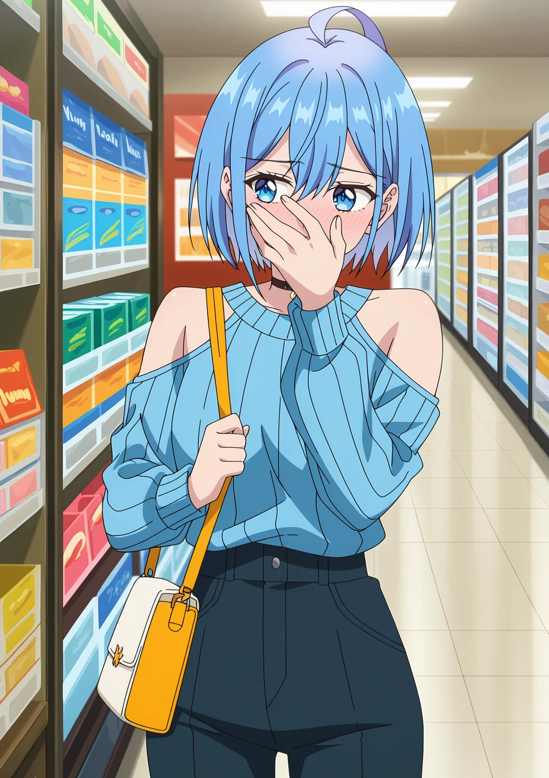 detailed background, official style,anime coloring, (anime screencap) masterpiece, detailed face,1girl <lora:Himari_Inuzuka__Can_a_Boy-Girl_Friendship_Survive:0.8>Himari, blue eyes, ahoge, blue hair, solo, short hair, sweater, choker, bag, blue sweater, black choker, shoulder cutout, bare shoulders, pants, clothing cutout, bangs, shoulder bag, hair between eyes, shop, long sleeves, looking away, handbag, hand covering face, blushing,