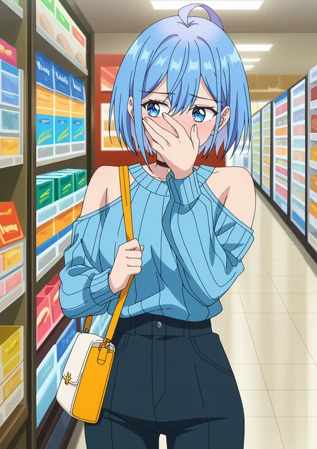 detailed background, official style,anime coloring, (anime screencap) masterpiece, detailed face,1girl <lora:Himari_Inuzuka__Can_a_Boy-Girl_Friendship_Survive:0.8>Himari, blue eyes, ahoge, blue hair, solo, short hair, sweater, choker, bag, blue sweater, black choker, shoulder cutout, bare shoulders, pants, clothing cutout, bangs, shoulder bag, hair between eyes, shop, long sleeves, looking away, handbag, hand covering face, blushing,