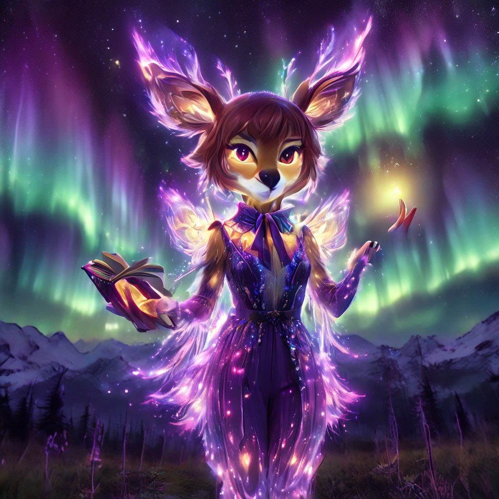 morph-aurora,deerie,have a beautiful aurora in the background,anthropomorphic fawn, light brown fur with lemon accents, brown hair, animal ears,dark glowing purple dress over a brighter colored, pants, pink bow hanging from the collar,holding a glowing book, looking smart at the viewers,solo,female1,small breast,beautiful detail,high-quality,2d,