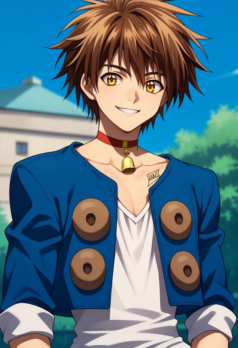 score_9, score_8_up, score_7_up, source_anime, highly detailed,
TraiHea, 1boy, solo, brown hair, male focus, smile, yellow eyes, choker, :3, bell, neck bell, jacket, blue jacket, rolled up sleeves, white shirt, upper body,
outdoor, day,