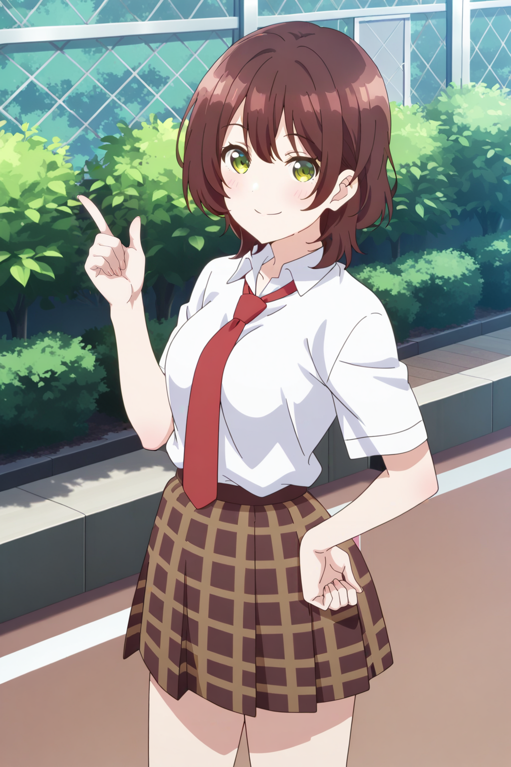 anime screenshot, hinami aoi, 1girl, solo, brown hair, short hair, green eyes, medium breasts, school uniform, white shirt, collared shirt, short sleeves, red necktie, brown skirt, plaid skirt, looking at viewer, smile, hand on own hip, index finger raised, cowboy shot, outdoors, masterpiece, best quality, high quality, highres, absurdres, <lora:hinami_aoi_ILXL:0.9>