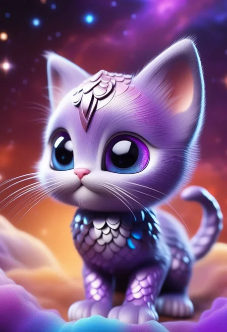 A kitten with big cute purple eyes, scaleboundsdxl, , best quality, masterpiece, intricate, adorable, cosmic background, nebulae, stars, detailed background,