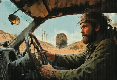 A stark, high-definition shot of a dusty Colorado road stretching into the horizon, taken from the perspective of a bearded man seated inside a car. The midday sun casts a harsh, almost blinding light over the scene, highlighting the stark contrast between the bright blue sky and the burnt-orange earth beneath. The car's interior, a cozy cocoon of shade, is a stark contrast to the outside, with the dashboard gleaming and the steering wheel casting a shadow over the driver's seat. Through the windshield, the silhouette of a single tree can be seen in the distance, its branches contorted by the wind, standing tall and solitary amidst the flat landscape. A sudden semi-truck, a monolith of steel and chrome, thunders by, its wheels kicking up a plume of dust that momentarily obscures the view and sends the car rocking on its suspension. The side-view mirror captures a reflection of the truck's taillights as they recede into the background, leaving a trail of dust in their wake. The side window is slightly open, allowing a gust of dry heat to sneak in, ruffling the curtain of loose papers and empty fast-food bags scattered on the passenger seat. The driver, a young man with a look of surprise and disarray, clutches the steering wheel, his eyes wide with a mix of fear and exhilaration. His hair, a wild tangle of colors under a faded bandana, dances in the intrusion of wind.