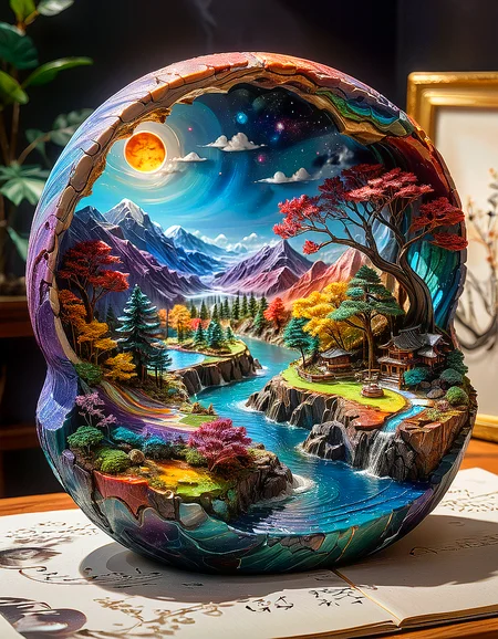dimensional sketch, cutaway, three quarter view, (calligraphy miniature:1.2) colorful landscape scenery marble sculpture carving 3d, 8k hdr, high quality, extreme closeup, raised relief, extremely detailed, sharp focus, overflow, breach, dark background, dramatic lighting style, extremely glossy shiny resin,