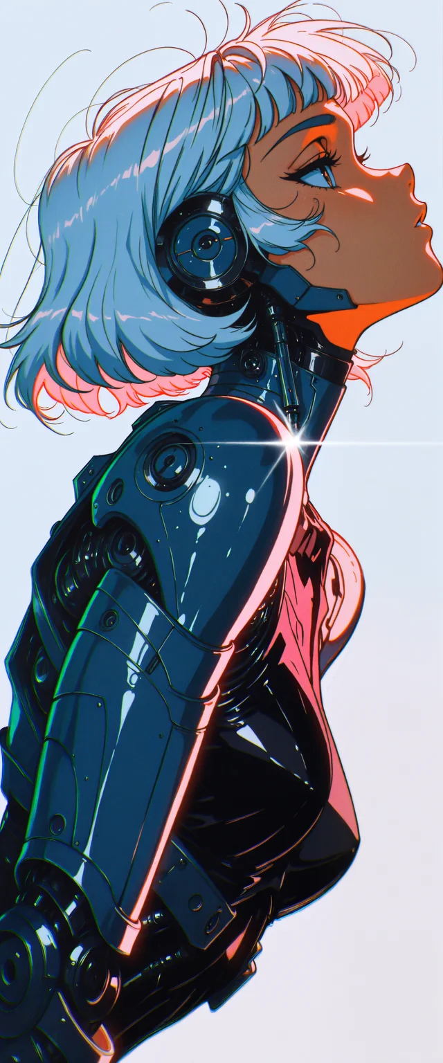 ((absurdres, high_quality, masterpiece)), (dynamic_angle, foreshortening, depth_of_field), blurry_background, (anime_coloring, flat_colors, cel-shaded), (glint, lens_flare), chromatic_aberration, scanlines, (grainy_texture:1.4), (film_grain:1.3), (1990s_\(style\)), vhs_artifacting, halftone, limited_palette, neon_lighting)
(D4rkR3troSc1f1, egirlpfp, solo, cyborg, robot_joints, mechanical_parts, short_hair, white_hair, profile, side_view, windswept_hair, exposed_mechanics, wires, circuitry, metal_skin, glowing, detailed_mechanical_design, android, melancholic, introspective, minimalist_background, white_background, soft_lighting, glint, backlighting, retro_artstyle, sci-fi, intricate, elegant, delicate, upper_body, high_contrast, anime_coloring)