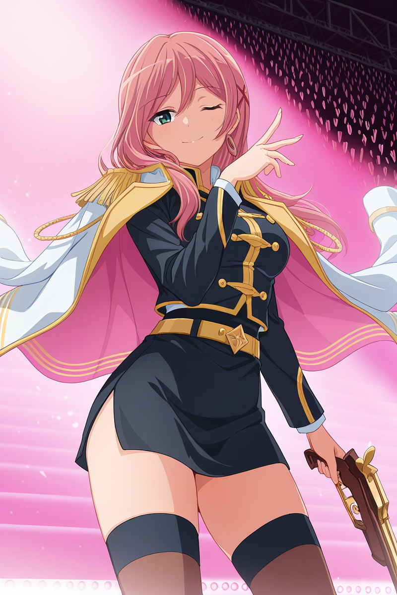 masterpiece, best quality, amazing quality,
 <lora:Yachiyo_IL:1> yachiyo, 1girl, one eye closed, solo, epaulettes, weapon, long hair, pink hair, thighhighs, jacket, jacket on shoulders, skirt, holding, holding weapon, smile, belt, cowboy shot, x hair ornament, hair ornament, standing, black skirt, closed mouth, looking at viewer, long sleeves, miniskirt, stage outfit